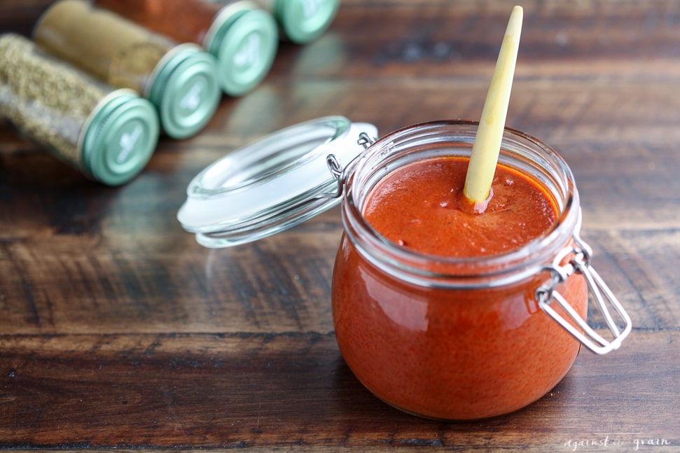 Aromatic enchilada sauce in a glass jar waiting for you to add to that special dish!