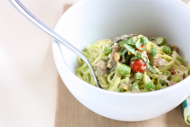 A bowl of Creamy Pesto "Pasta" with Spring Vegetables.