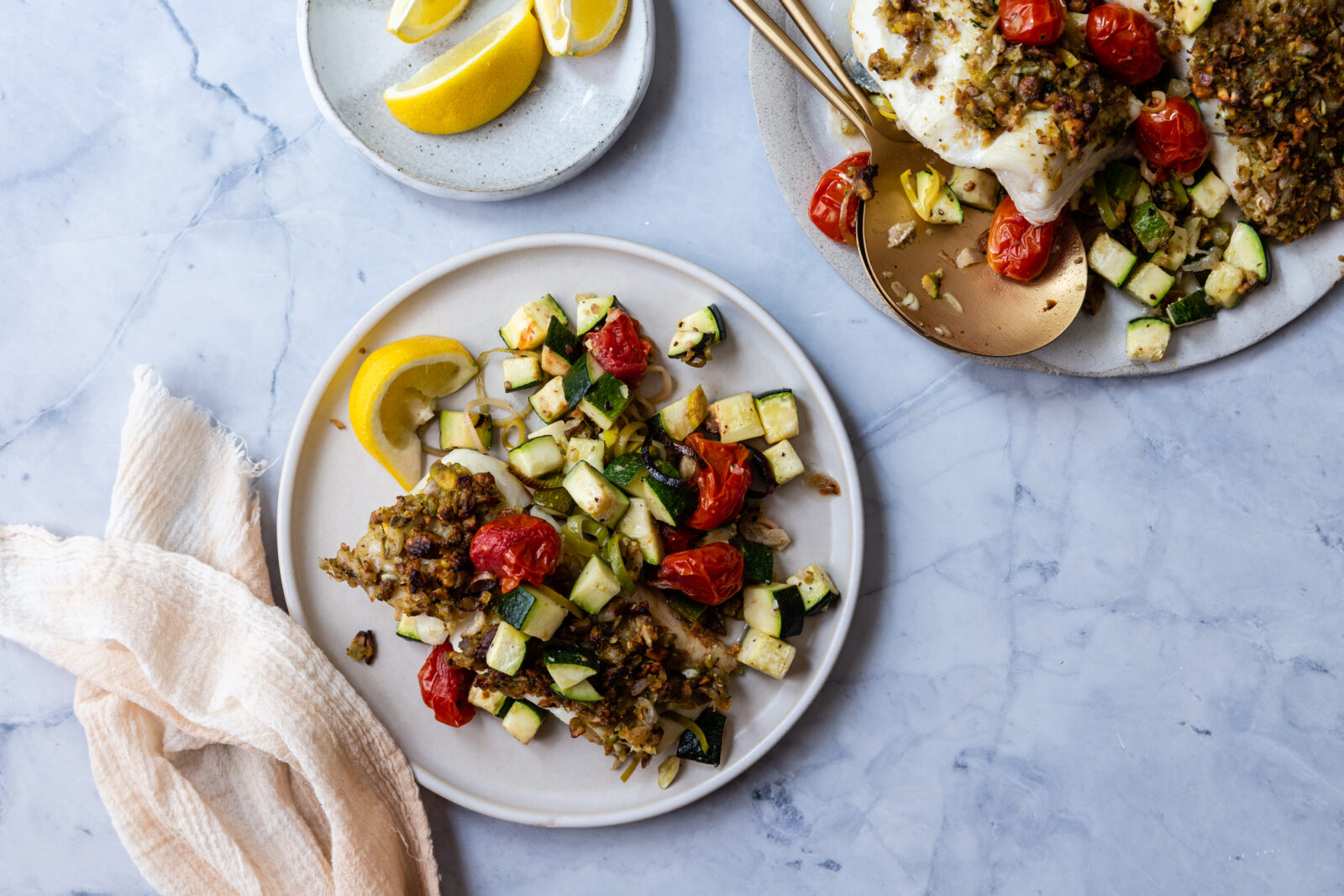 LemonHerb Crusted Halibut with Roasted TomatoZucchini Salsa