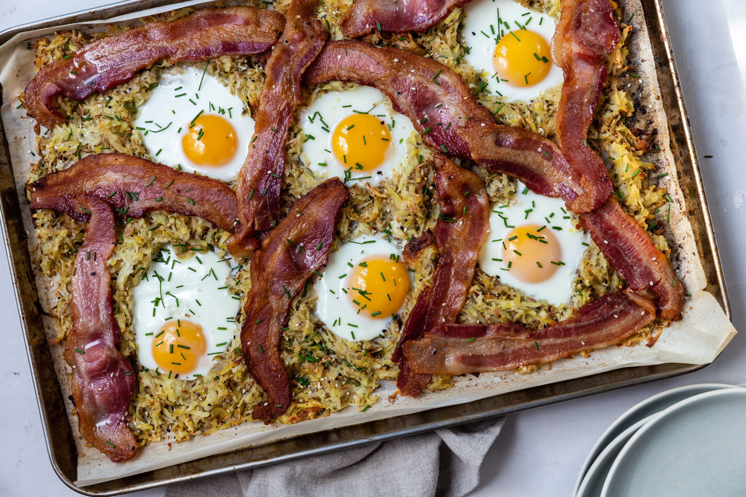 One Pan Breakfast Bake with Bacon, Hash Browns, and Eggs