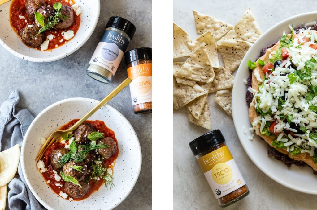 A variety of dishes that utilize Healthy In A Hurry Seasoning Blends displayed in image; one is a dish with meatballs and the other is a taco dip