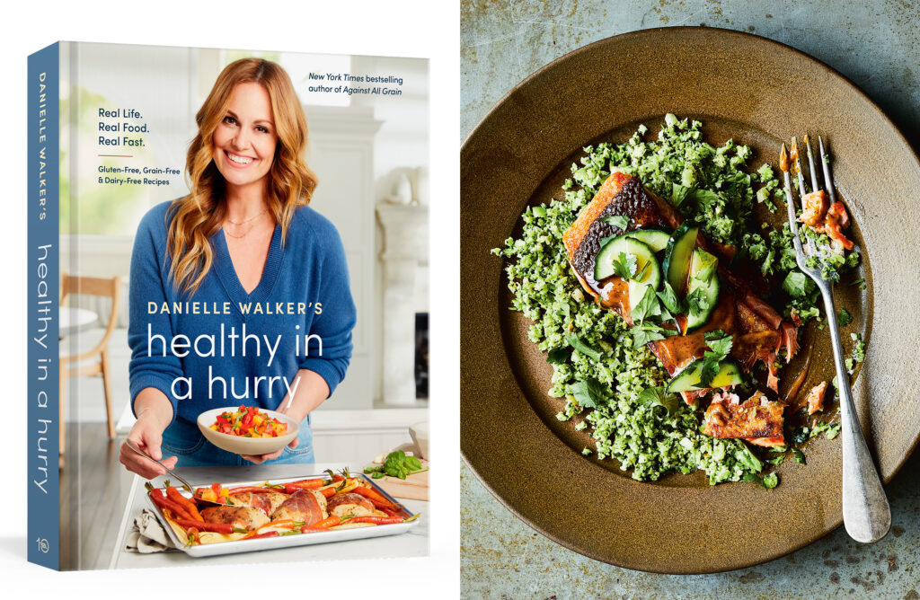 Image of Healthy In a Hurry book cover and an image featuring a recipe from the book