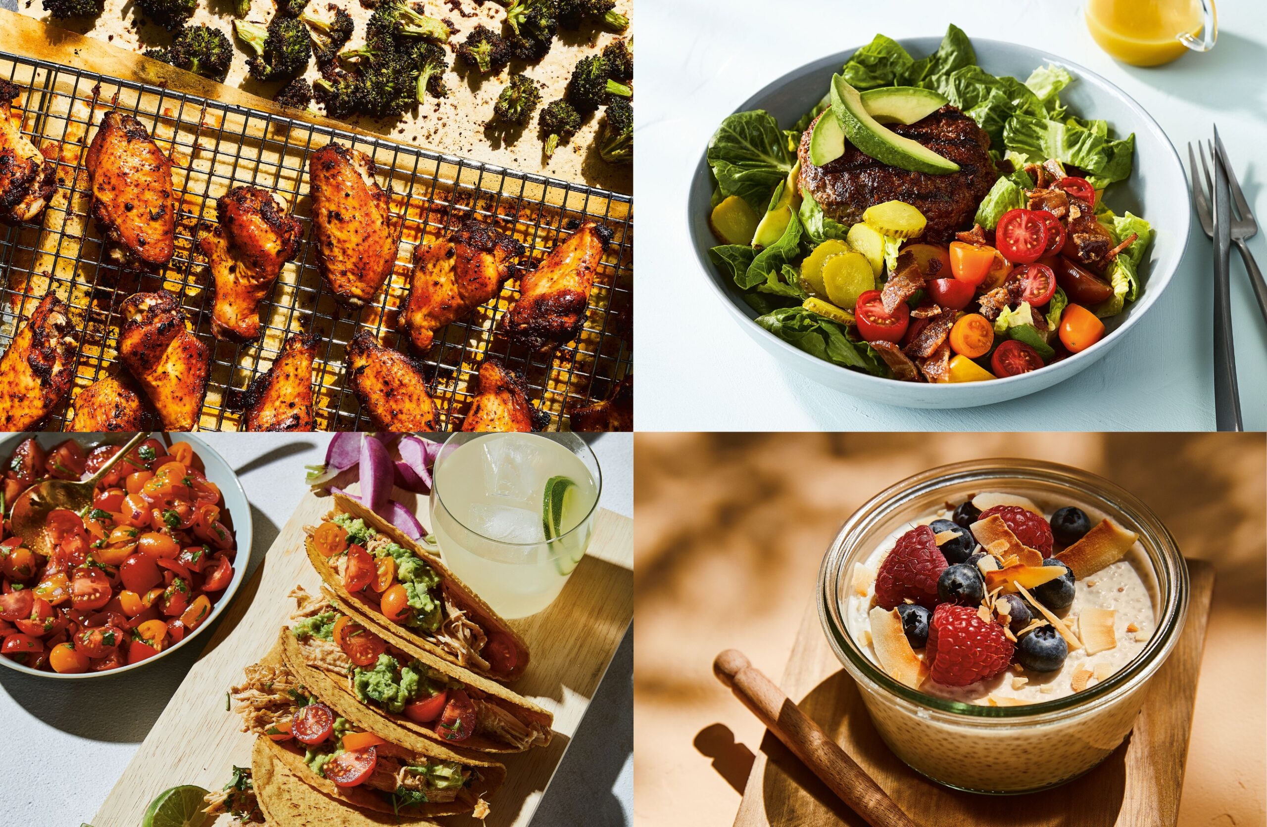 an image of four dishes, paleo jerk chicken, bbq burger, chicken salsa tacos, chia pudding