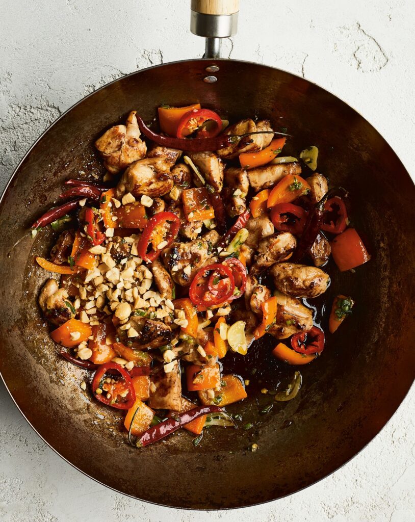 Kung Pao Style Chicken from Healthy In A hurry preapred in a wok 