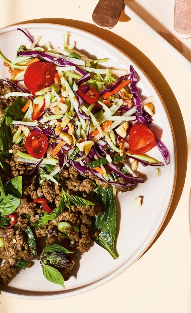 thai basil beef served with sweet and sour thai salad from Healthy In a Hurry cookbook