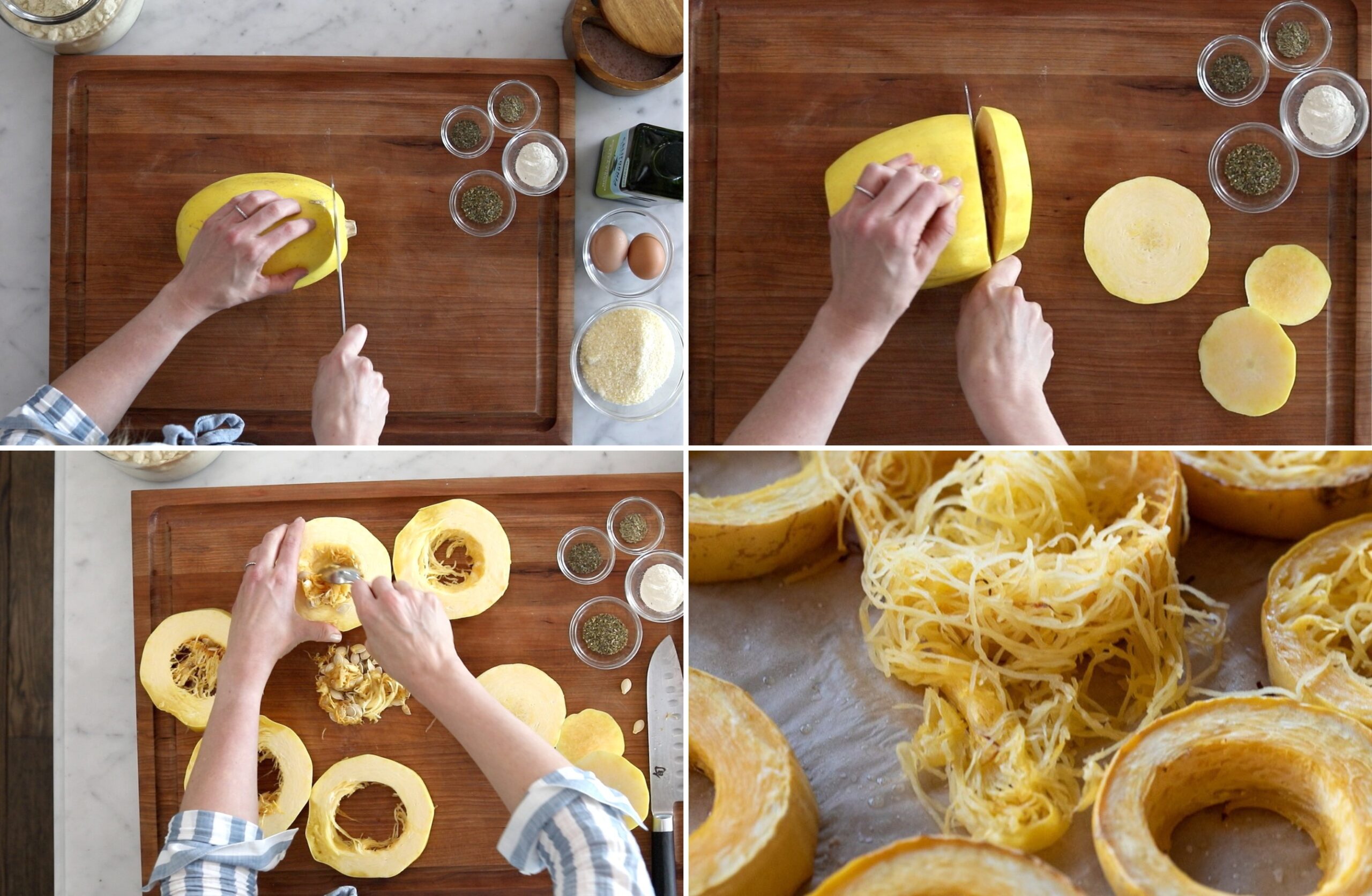 image of four images of hands cutting spaghetti squash into pieces