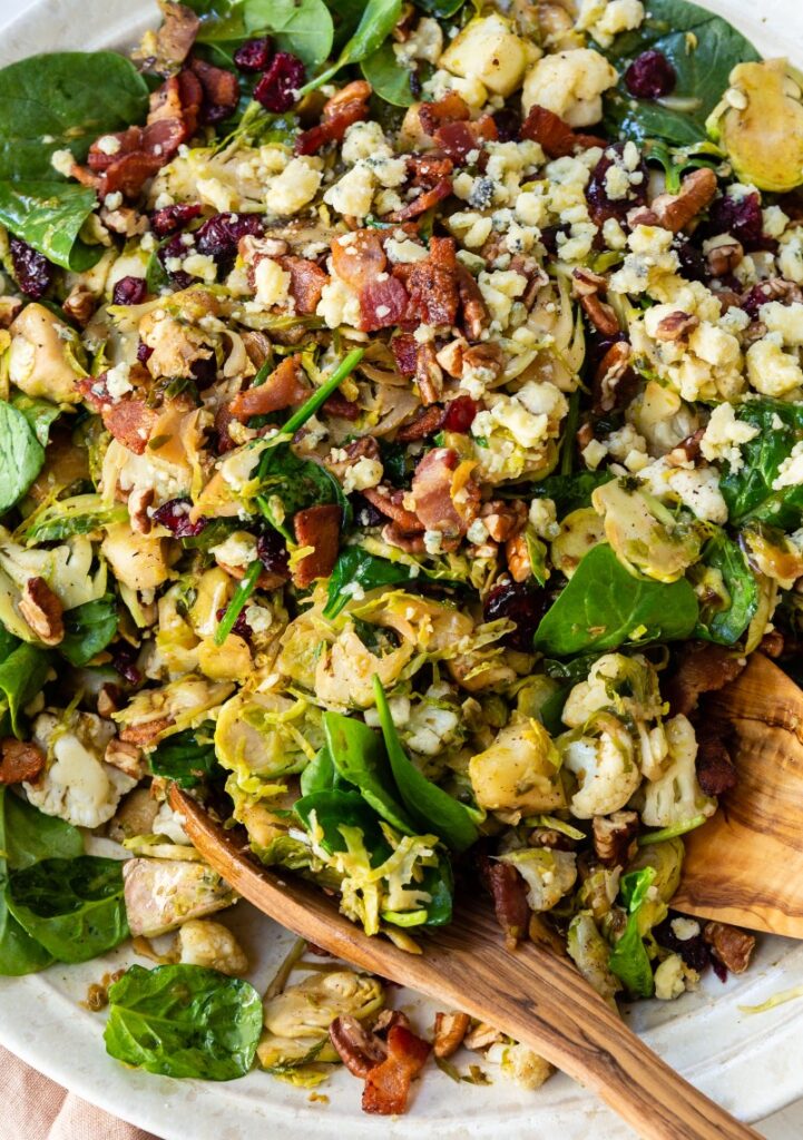 close up image of warm brussels sprouts salad