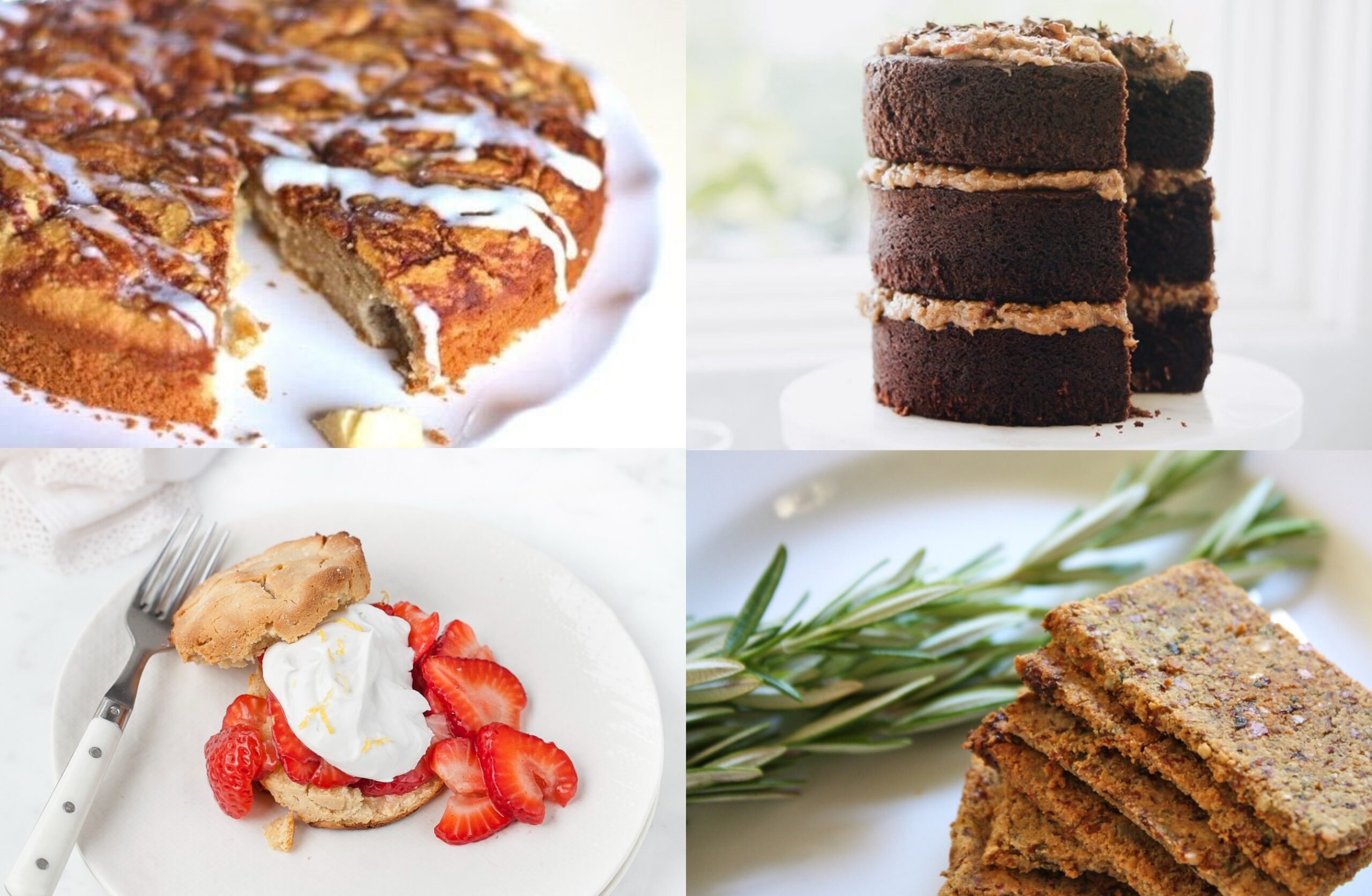 images of gluten-free, almond flour baked goods, german chocolate cake, apple coffee cake, sweet and savory crackers, strawberry shortcake