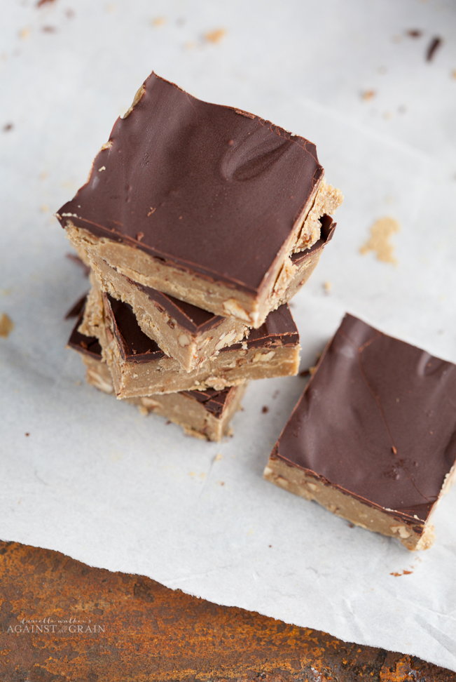 image of no bake sunflower seed butter bars topped with chocolate