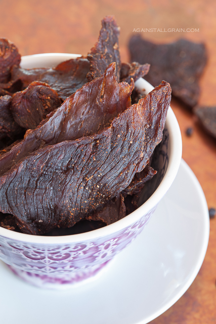 image of homemade smoky paleo beef jerky in a bowl