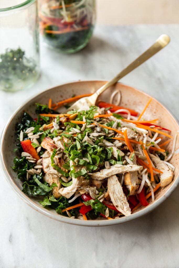 kale crunch salad with sesame ginger chicken