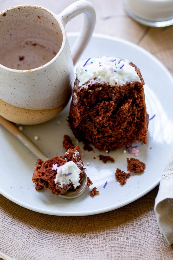 image of a chocolate gluten free mug cake with a bite taken out