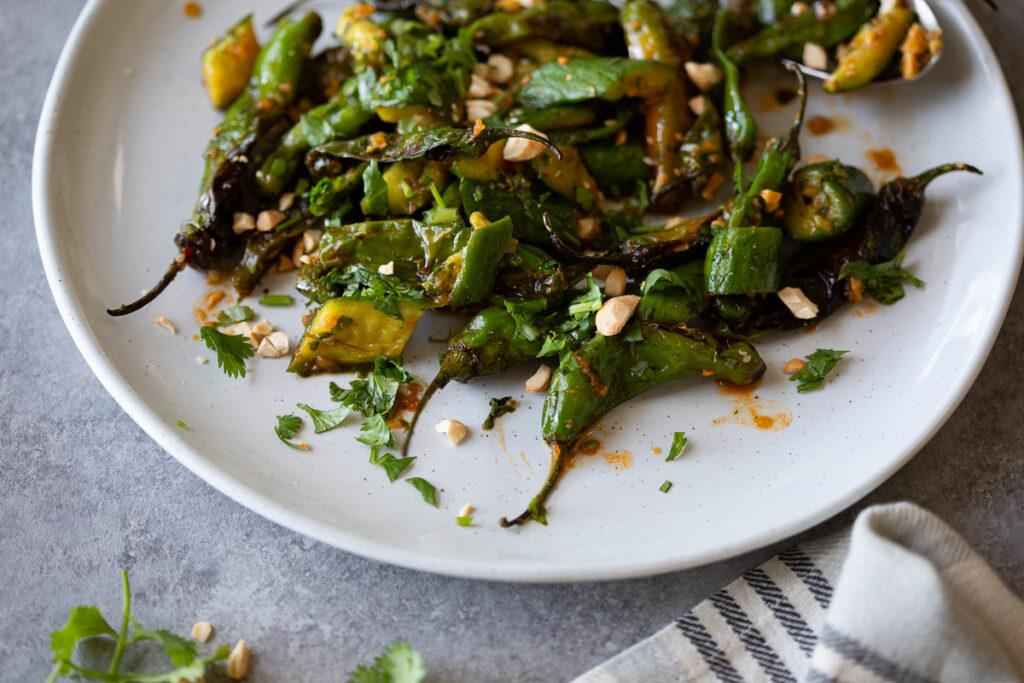 close up image of spicy cucumber salad with blistered shishito peppers