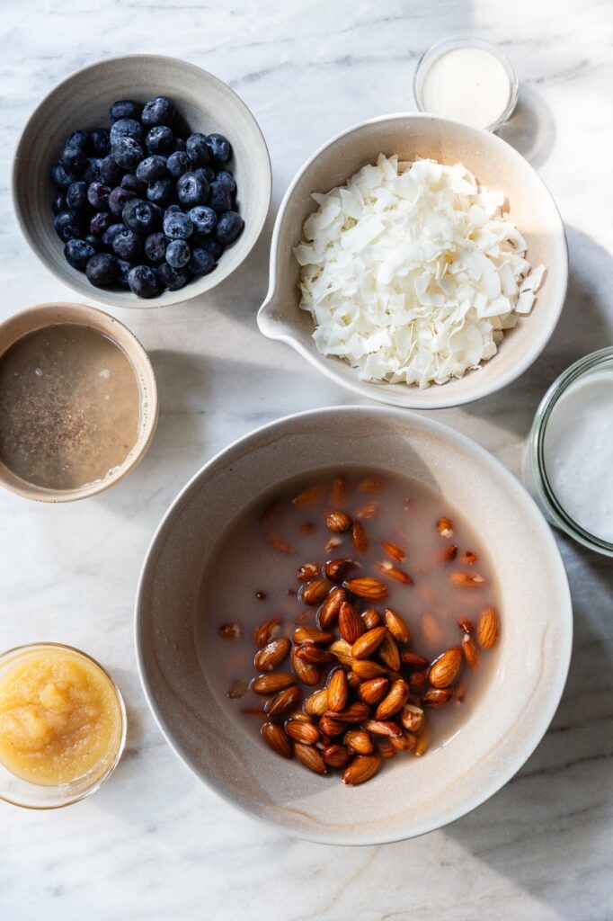 high shot of ingredients of paleo oatmeal of blueberries and soaked almonds and coconut flakes in white bowls on the counter